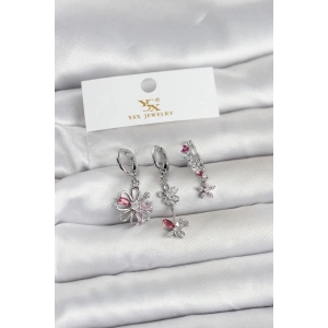 Mey İthalat® Pirinç Gümüş Renk Çiçek Model 3lü Kadın Küpe