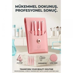 Mey İthalat® Profesyonel Kaş Alma Cımbız Seti - 4lü Paslanmaz Çelik ve Özel Deri Taşıma Çantalı 723129