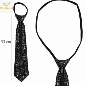 Mey İthalat® Siyah Renk Pul Payetli Işıltılı Parti Kravatı 33 cm