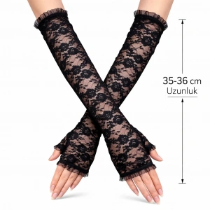 Mey İthalat® Uzun Zarif Dantel Eldiven Parmaksız Siyah 35 cm