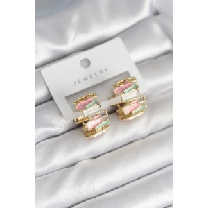 Mineli Karışık Renkli Gold Pirinç Kadın Küpe