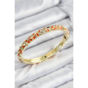 Mineli Pirinç Zirkon Taşlı Turuncu Çiçek Motifli Gold Kadın Kelepçe