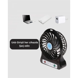 Mey İthalat® Mini USB Fan – Şarj Edilebilir, Işıklı, 3 Kademe, Taşınabilir Masaüstü Vantilatör