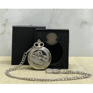 Özel Kutulu Tren Temali Gümüş Köstekli Saat Alk4675