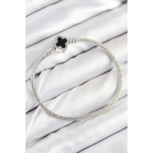 Pirinç Charm Zirkon Taşlı Yonca Model Gümüş Renk Kadın Bileklik