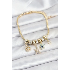 Mey İthalat® Pirinç Gold Renk Deniz Tema Charmlı Kadın Bileklik