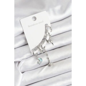 Pirinç Gümüş Renk Ay Model Kadın Set Küpe