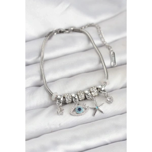 Mey İthalat® Pirinç Gümüş Renk Göz Model Charmlı Kadın Bileklik