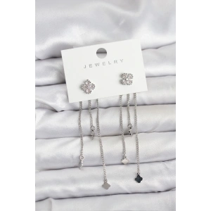 Mey İthalat® Pirinç Gümüş Renk Yonca Model Sallantılı Kadın Küpe