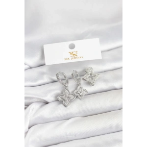 Mey İthalat® Pirinç Gümüş Renk Yonca Model YSX Trio Küpe Seti