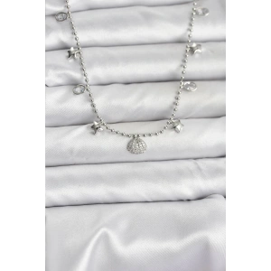 Pirinç Gümüş Renk Zirkon Taşlı Deniz Kabuğu Model Kadın Kolye