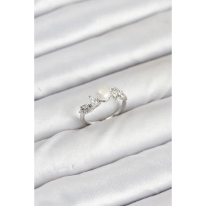 Pirinç Gümüş Renk Zirkon Taşlı İncili Model Kadın Yüzük