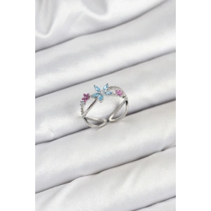 Pirinç Gümüş Renk Zirkon Taşlı Mavi Çiçekli Kadın Yüzük