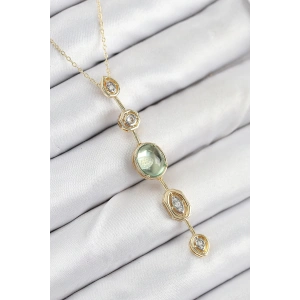 Pirinç Zincir Yeşil Gold Renk Zirkon Taşlı Y Kolye