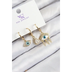 Pirinç Zirkon Taşlı 3lü Fatmanın Gözü Model Gold Renk Kadın Küpe