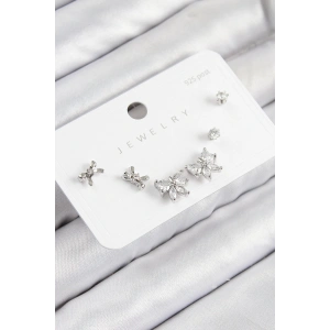 Pirinç Zirkon Taşlı Fiyonk Model Gümüş Renk 925 Ayar Gümüş Çivi Kadın Küpe Set