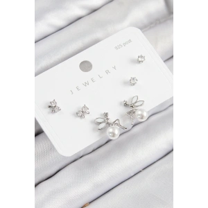 Pirinç Zirkon Taşlı İnci Melek Model Gümüş Renk 925 Ayar Gümüş Çivi Kadın Küpe Set