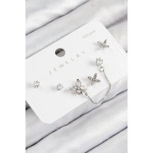 Pirinç Zirkon Taşlı Kelebek Model Gümüş Renk 925 Ayar Gümüş Çivi Kadın Küpe Set