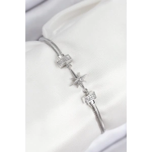 Pirinç Zirkon Taşlı Kutup Yıldızı Model Gümüş Renk Kadın Bileklik