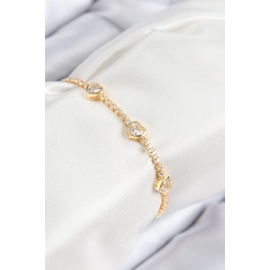 Pirinç Zirkon Taşlı Sıralı Kalp Model Gold Renk Kadın Bileklik