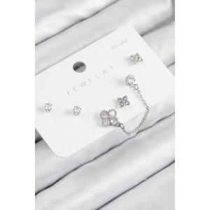 Pirinç Zirkon Taşlı Yonca Model Gümüş Renk 925 Ayar Gümüş Çivi Kadın Küpe Set