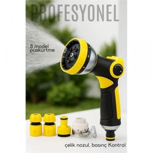 Mey İthalat® Profesyonel 8 Modelli Metal Basınçlı Sulama Tabancası Seti | Ayarlanabilir Jet | Hortum Konnektörlü 722523