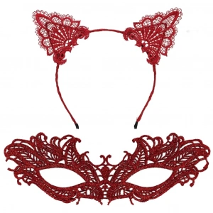Şık Kırmızı Dantel Maske ve Taç Seti 5 No – Maskeli Balo & Özel Etkinlikler