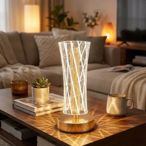 Silindirik Kristal Çizgi Model LED Masa Lambası – Gold Tabanlı, Dokunmatik, 3 Renk Işık Modlu, Şarjlı Modern Dekoratif Gece Lambası (5047)