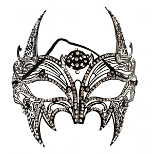 Siyah Renk Lazer Kesim Üzeri Kristal Taşlı Metal Lüks Maske Balo Parti (5047)