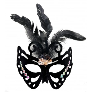 Siyah Renk Siyah Süet Kaplama Tüylü Kelebek Figür Parti Maskesi 24x18 cm (5047)
