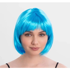 Turkuaz Açık Mavi Renk Düz Kesim Kısa Küt Parti Peruğu