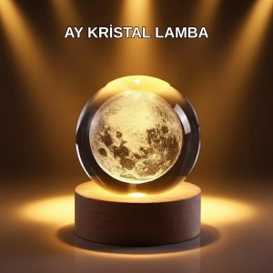 Mey İthalat® USB Işıklı Ay Kristal Küre 3D Oyma Tasarım Ahşap Standlı Gece Lambası