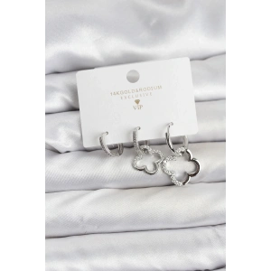 Mey İthalat® Yonca Model Gümüş Renk Pirinç 3lü Kadın Küpe Seti