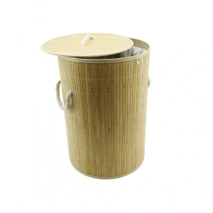 YUVARLAK BAMBU AHŞAP KİRLİ ÇAMAŞIR SEPETİ 35X60CM SEYYAR KAPAKLI İÇİ BEZLİ İP KULPLU (5047)