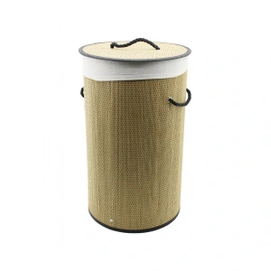 YUVARLAK HASIR - AHŞAP KİRLİ ÇAMAŞIR SEPETİ 37X60CM SEYYAR KAPAKLI İÇİ BEZLİ İP KULPLU (5047)