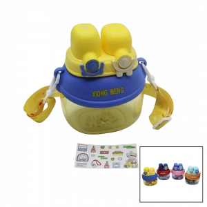 YÜZ MODELİ  - 2 KİLİTLİ KAPAK  RENKLİ MİKA KRİSTAL SULUK MATARA PİPETLİ - NAYLON ÇANTALI - ASKILI 1280ML (5047)