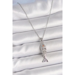 Mey İthalat® 316L Çelik Zincir Gümüş Renk Zirkon Taşlı Balık Figürlü Kolye