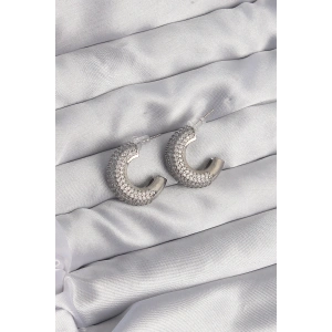 Pirinç Gümüş Renk Zirkon Taşlı Yarım Halka Küpe