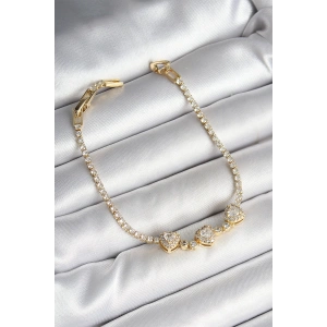Pirinç Sıralı Kalp Figürlü Zirkon Taşlı Gold Renk Kadın Bileklik