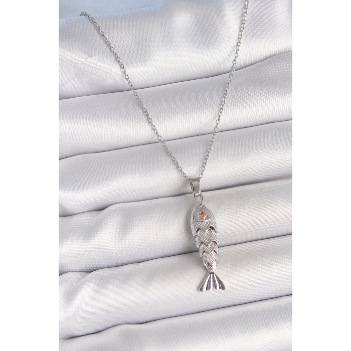 Mey İthalat® 316L Çelik Zincir Gümüş Renk Zirkon Taşlı Balık Figürlü Kolye