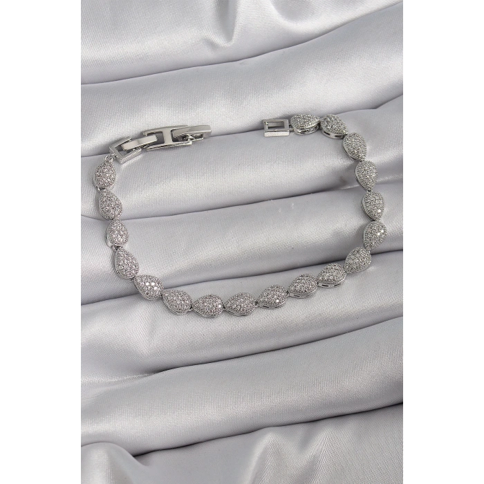 Pirinç Gümüş Renk Zirkon Taşlı Damla Model VIP Seri Kadın Bileklik