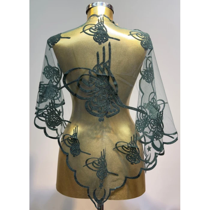 Simli Yeşil Osmanlı Tuğra Motif Damat Şalı
