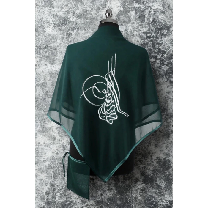 Tuğralı Gümüş Nakışlı Şifon Damat Şalı