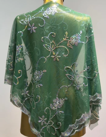 Yeşile Gümüş Çiçek Desen Damat Şalı