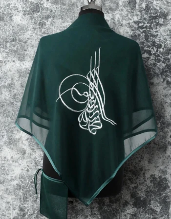 Tuğralı Gümüş Nakışlı Şifon Damat Şalı