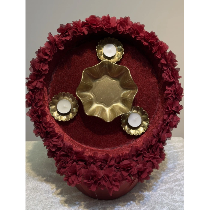 Üç Mumlu Lazer Çiçekli Tepsi Ve Sepet