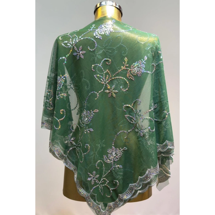 Yeşile Gümüş Çiçek Desen Damat Şalı