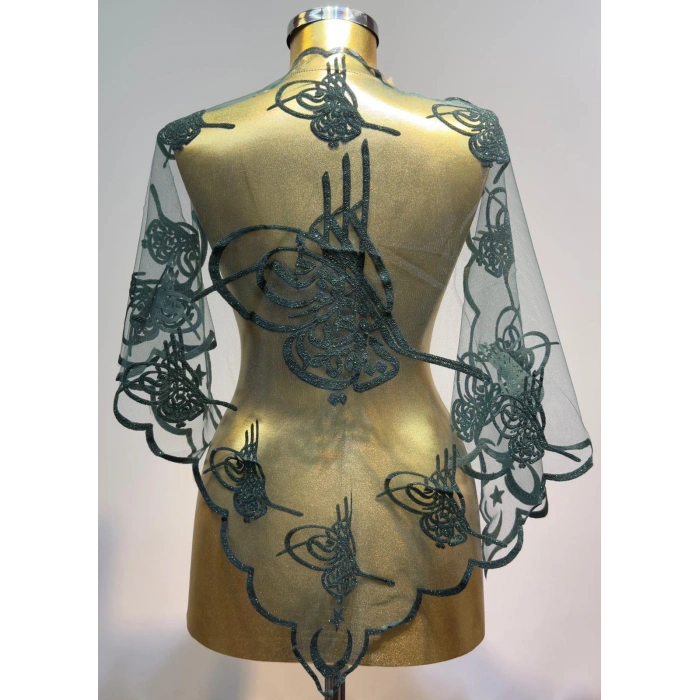 Simli Yeşil Osmanlı Tuğra Motif Damat Şalı