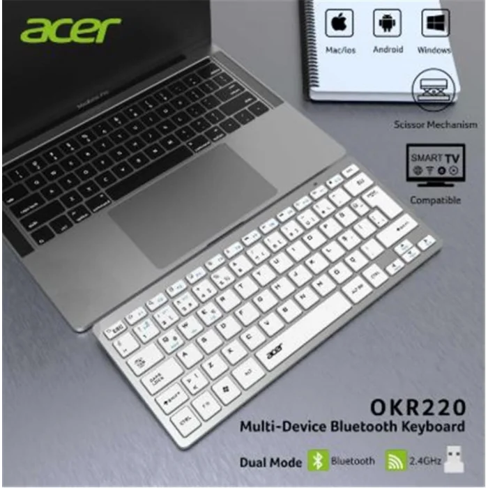 Acer OKR220 Beyaz MultiDevice Dual Mode 2.4GHZ Bluetooth Klavye (Smart Tv)(Android)