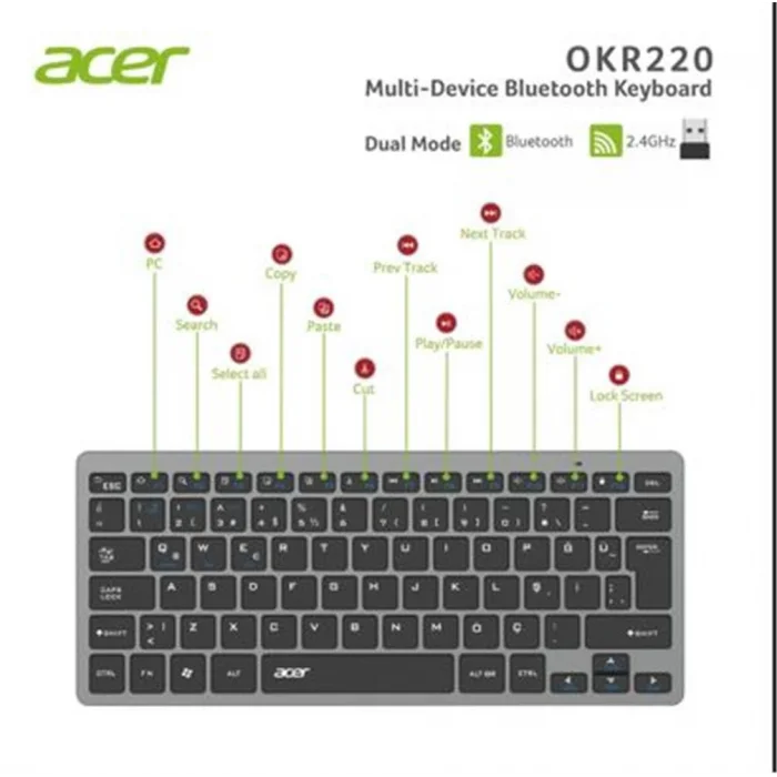 Acer OKR220 Siyah MultiDevice Dual Mode 2.4GHZ Bluetooth Klavye (Smart Tv)(Android)